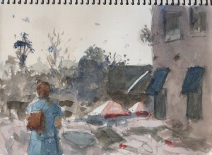 watercolor sketch from a coffee house in Oakland