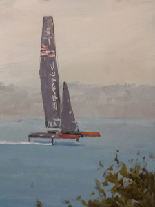 Oracle, AC 45, sailing in the rain off Long Point in  Somerset