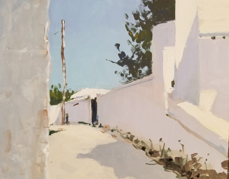Vew is street in st georges bermuda,
gouache on panel.
bright sun.